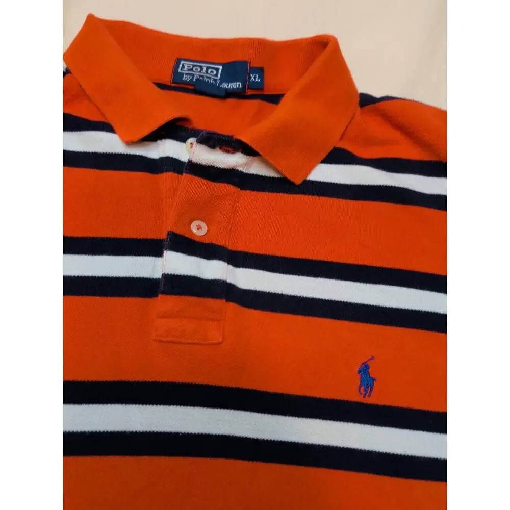 Polo Ralph Lauren Shirt Mens XL Orange Navy White Striped Short Sleeve Pony Logo